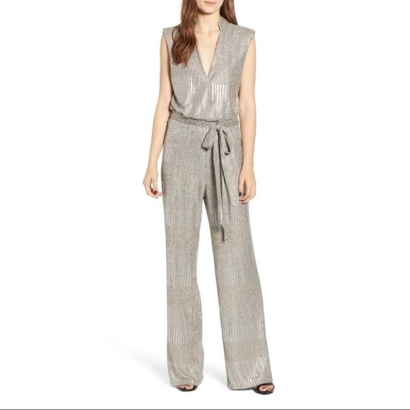 BISHOP+YOUNG The Aspen Metallic Wide Leg V-neck Jumpsuit Romper 1 Piece Size XS - Picture 1 of 11
